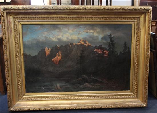 Carl Hasch (1834-1897) Alpine landscape with sunlight on the mountain tops 27 x 43in.